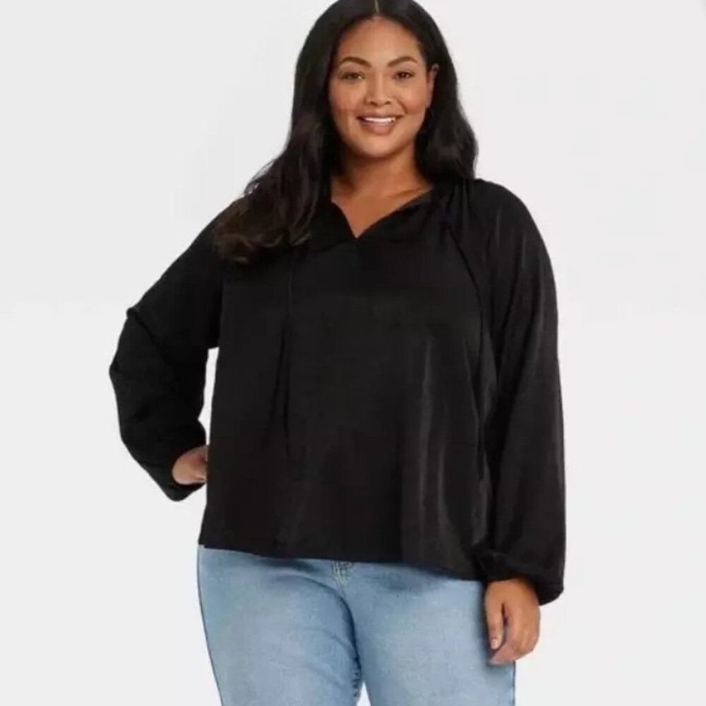 "NWT" Ava & Viv Womens 1X Black Balloon Sleeve V-Neck Blouse - Picture 1 of 11